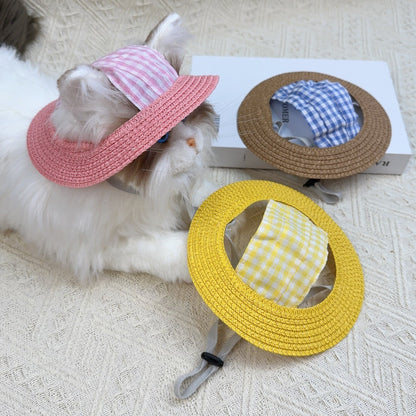 Gingham Straw Dog Hat