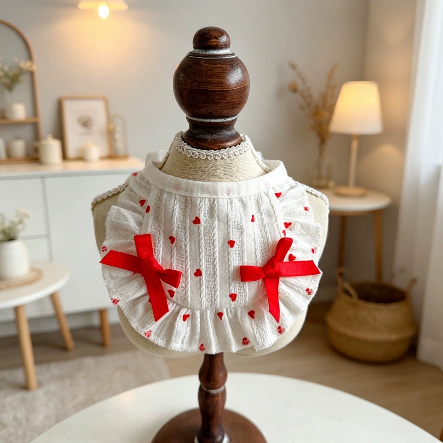 Heart Print Hat, Collar & Bib Set – White