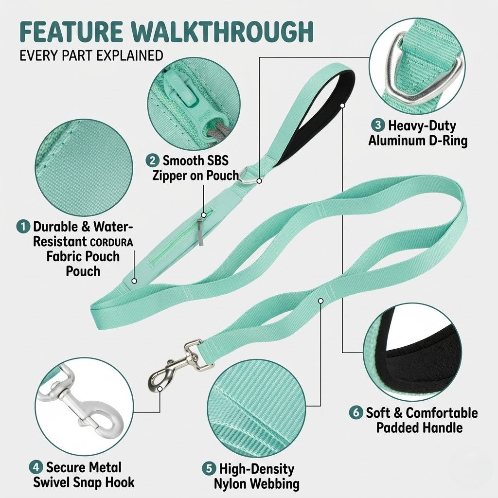 Lightweight CORDURA Dog Leash with Storage Pocket