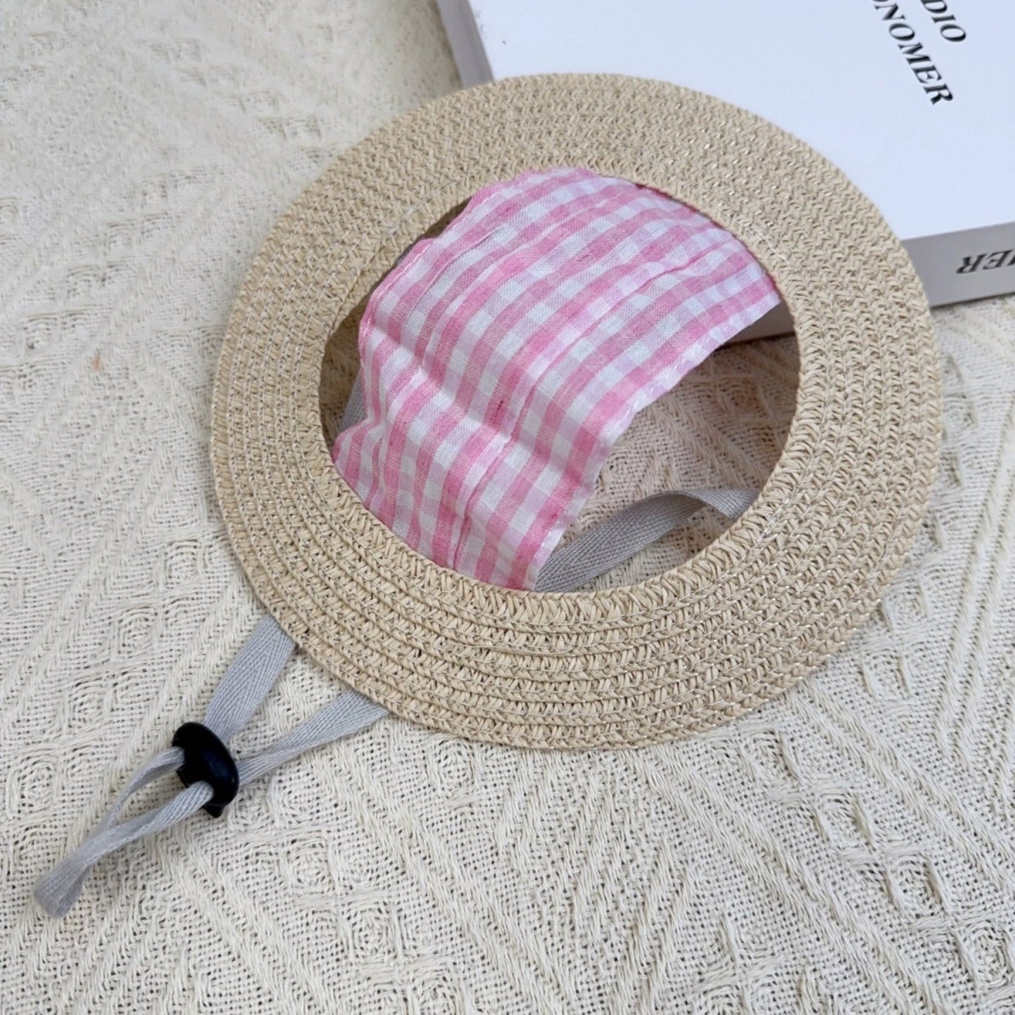 Gingham Straw Dog Hat