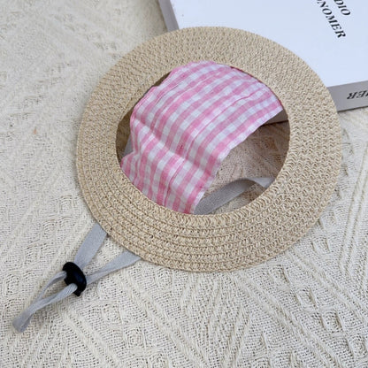 Gingham Straw Dog Hat